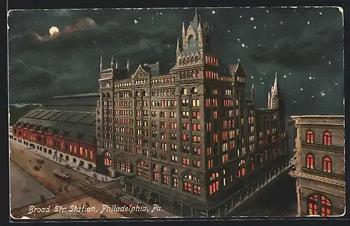 AK Philadelphia /Pa, Broad Str. Station at night, Strassenbahn