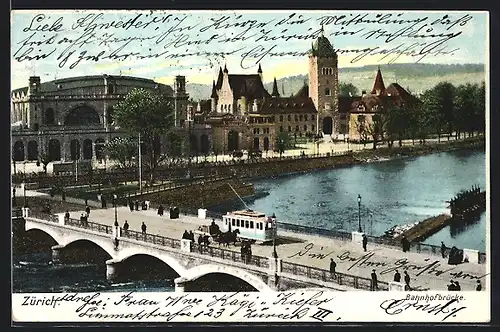 AK Zürich, Bahnhofbrücke und Landesmuseum, Strassenbahn