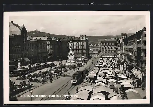 AK Linz a. D., Franz Josefs-Platz mit Pöstlingberg und Strassenbahn