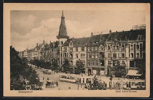 AK Düsseldorf, Graf Adolf-Strasse mit Strassenbahnen