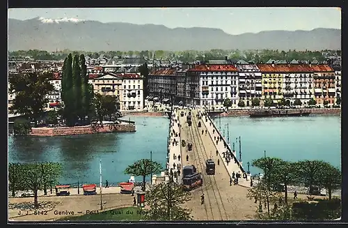 AK Genève, Pont et Quai du Mont Blanc, Strassenbahn