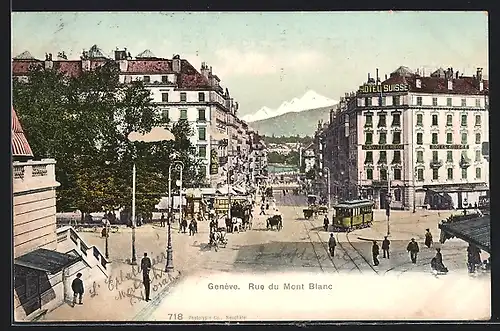 AK Genève, Rue du Mont Blanc, Strassenbahn