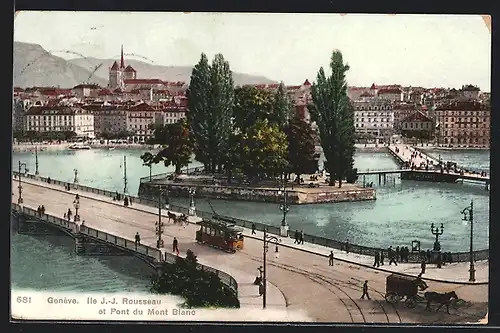 AK Genève, Ile J.-J. Rousseau et Pont du Mont Blanc, Strassenbahn