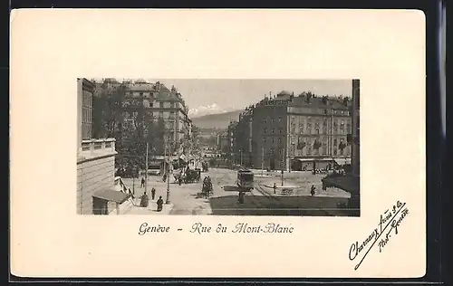 AK Genève, Rue du Mont Blanc, Strassenbahn