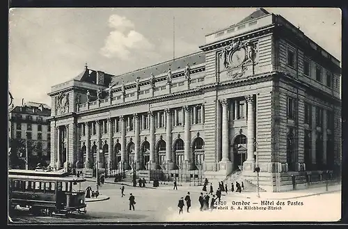 AK Genève, Hôtel des Postes, Strassenbahn