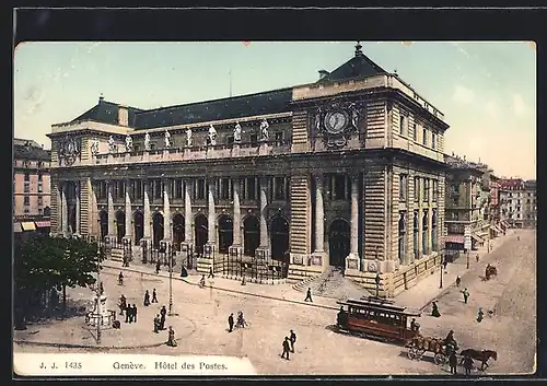AK Genève, Hôtel des Postes, Strassenbahn