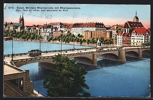 AK Basel, Strassenbahn auf der Mittleren Rheinbrücke