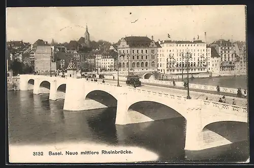 AK Basel, Strassenbahn auf der neuen mittleren Rheinbrücke