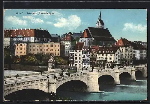 AK Basel, Strassenbahn auf der mittleren Rheinbrücke