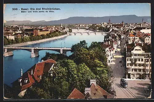 AK Basel, Die drei Rheinbrücken mit Strassenbahn