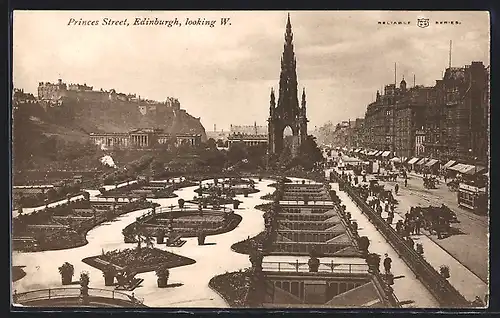 AK Edinburgh, Princess Street looking West, Strassenpartie mit Strassenbahn