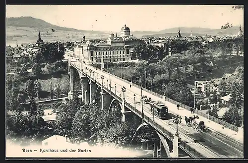 AK Bern, Kornhausbrücke & Blick auf die Stadt, Strassenbahn