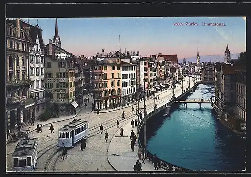 AK Zürich, Strassenbahn am Limmatquai