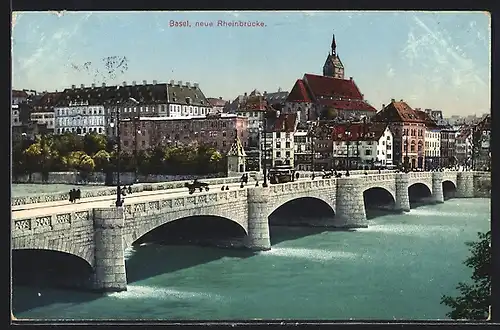 AK Basel, Neue Rheinbrücke mit Strassenbahn