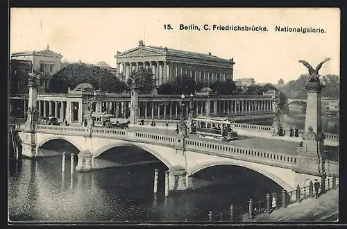 AK Berlin, C. Friedrichsbrücke, Nationalgalerie & Strassenbahn