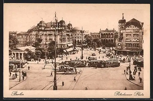 AK Berlin-Tiergarten, Potsdamer Platz mit Strassenbahnen