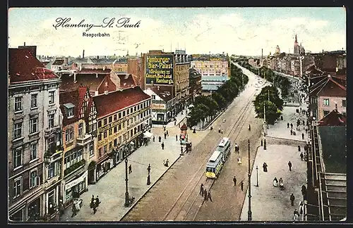 AK Hamburg-St. Pauli, Reeperbahn mit Hamburger Bier-Palast, Geschäften und Strassenbahn