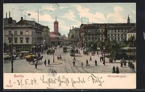 AK Berlin, Alexanderplatz mit Konditorei-Cafe und Strassenbahn