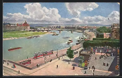 AK Dresden, Ministerien, Elbeblick und Brühl`sche Terrasse