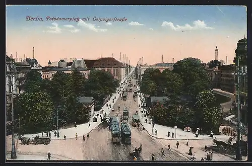 AK Berlin, Potsdamerplatz und Leipzigerstrasse mit Strassenbahn