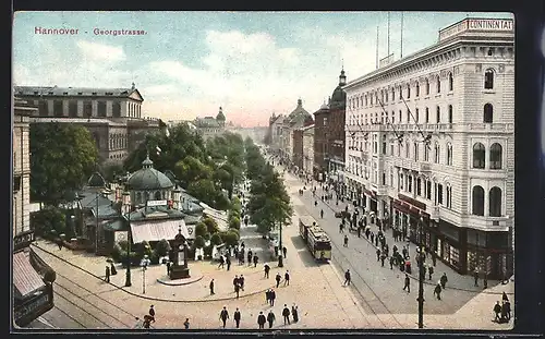 AK Hannover, Georgenstrasse mit Café Kröpcke und Strassenbahn