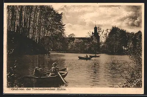 AK Wegberg, Tüschenbroicher Mühle, Seepartie, Ruderboot mit Frau und Hund