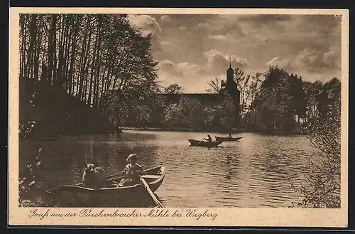 AK Wegberg, Tüschenbroicher Mühle bei Wegberg, Ruderin mit Hund auf Schwalmquelle