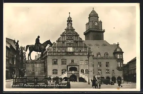 AK Plauen i.V., Rathaus und König-Albert-Denkmal