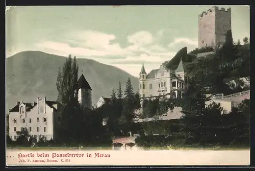 AK Meran, Passeirertor, Villa, zinnenbewehrter Turm