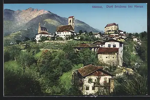 AK Schönna bei Meran, Ortsansicht mit Terrassenanbau gegen Berge