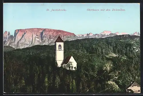 AK Oberbozen, St. Jacobskirche gegen die Dolomiten