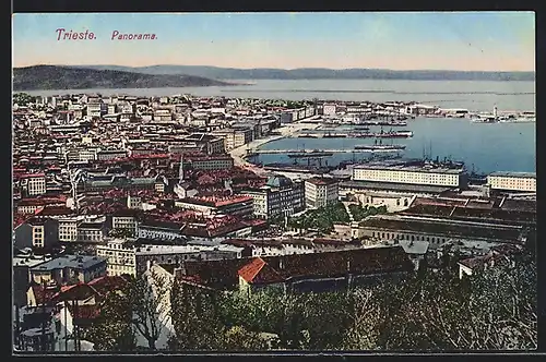 AK Trieste, Panorama der Stadt mit dem Hafen