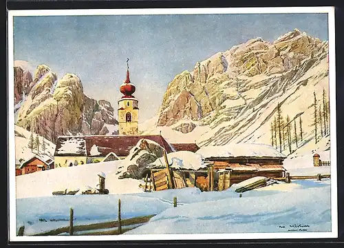 Künstler-AK Colfuschg (Dolomiten), Kirche im Schnee gegen Felswände