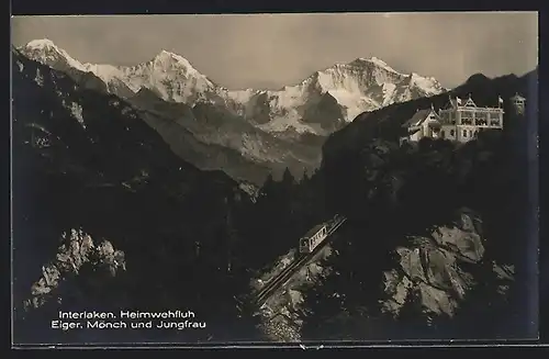 AK Interlaken, Bergbahn mit Heimwehfluh, Eiger. Mönch und Jungfrau