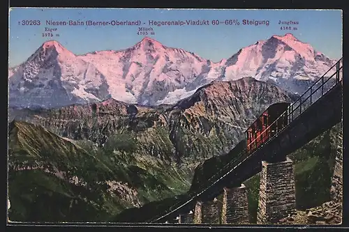 AK Niesen-Bahn, Hegerenalp-Viadukt, Jungfrau, Eiger, Mönch