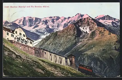 AK Muottas Muraigl, Ansicht mit Bergbahn und Piz Bernina