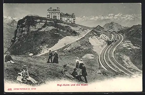 AK Rigi-Kulm, Partie mit Alpen, Bergbahn