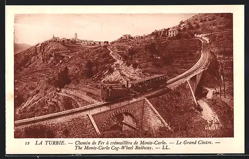 AK La Turbie, Chemin de fer a cremaillere de Monte-Carlo, Le Grand Cintre, Bergbahn