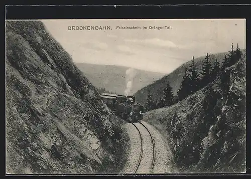 AK Brocken / Harz, Harzquer- und Brockenbahn, Felseinschnitt im Drängetal, Bergbahn