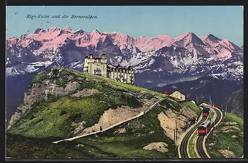 AK Rigi-Kulm, Ortsansicht mit Berneralpen und Bergbahn