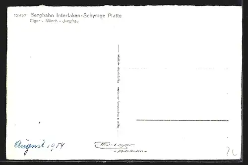 AK Interlaken, Bergbahn vor Eiger, Mönch und Jungfrau