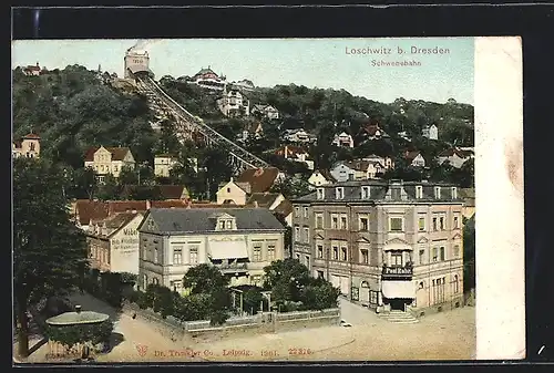 AK Dresden-Loschwitz, Gasthaus von Paul Rohr am Körnerplatz mit Blick zur Schwebebahn