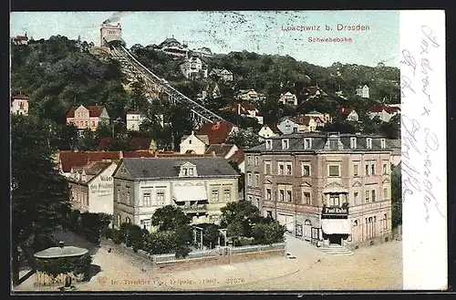AK Dresden-Loschwitz, Gasthaus von Paul Rohr am Körnerplatz mit Blick zur Schwebebahn