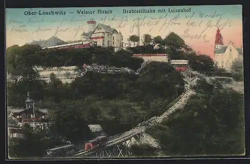 AK Dresden, Weisser Hirsch, Drahtseilbahn mit Luisenhof vom Burgberg aus gesehen