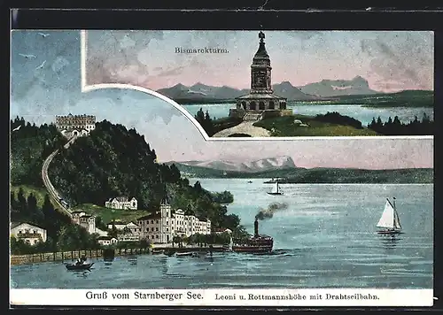 AK Leoni /Starnberger See, Bismarckturm, Uferpartie und Rottmannshöhe mit Drahtseilbahn