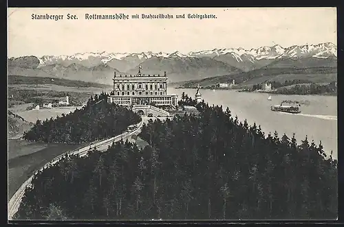 AK Starnberg, die Rottmannshöhe mit Drahtseilbahn und Gebirgskette