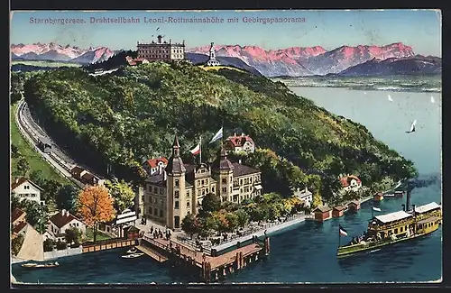 AK Leoni /Starnberger See, Drahtseilbahn Leoni-Rottmannshöhe mit Gebirgspanorama