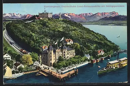 AK Leoni /Starnberger See, Drahtseilbahn Leoni-Rottmannshöhe mit Gebirgspanorama