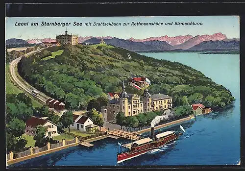 AK Leoni am Starnberger See, Gesamtansicht mit Drahtseilbahn zur Rottmannshöhe und Bismarckturm