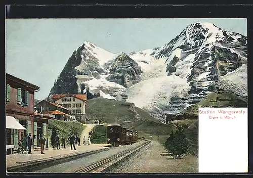 AK Station Wengernalp der Bergbahn, Blick auf Eiger und Mönch